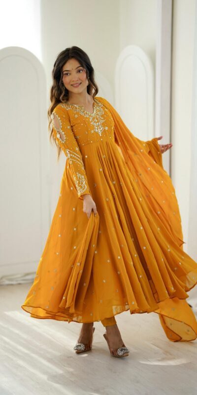 JF 056 Yellow Faux Georgette Salwar Suit with Mirror Work & Embroidery Work. Get it for ₹2349. Delivery 4-6 Working Days. Shop now. | Casual Suits, Jump Suits, Creative suits, Designer Suits, Palazzo Suits, Party Wear Suits, Patiala Suits, Salwar suit, Straight Suits