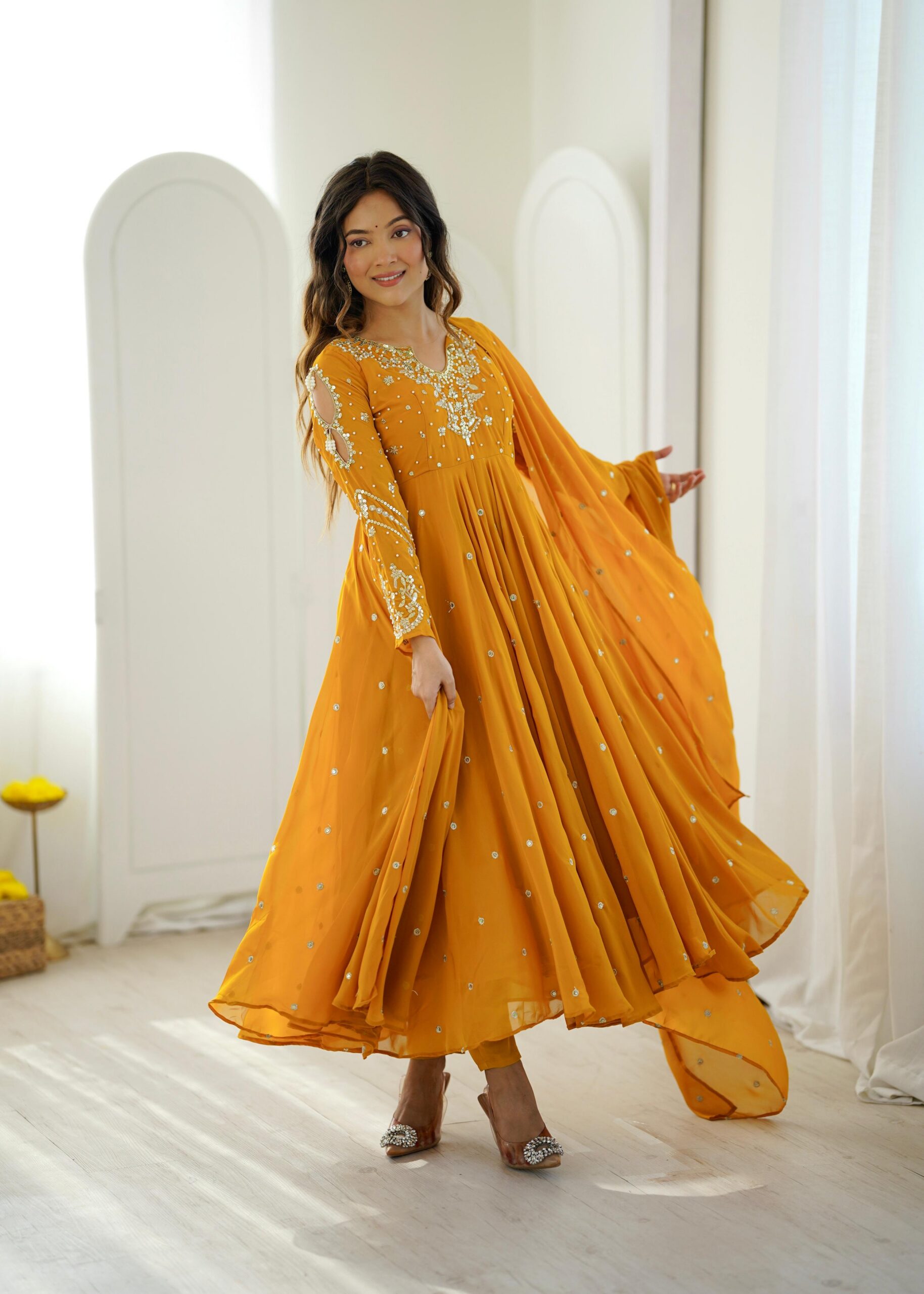 JF 056 Yellow Faux Georgette Salwar Suit with Mirror Work & Embroidery Work. Get it for ₹2349. Delivery 4-6 Working Days. Shop now. | Casual Suits, Jump Suits, Creative suits, Designer Suits, Palazzo Suits, Party Wear Suits, Patiala Suits, Salwar suit, Straight Suits