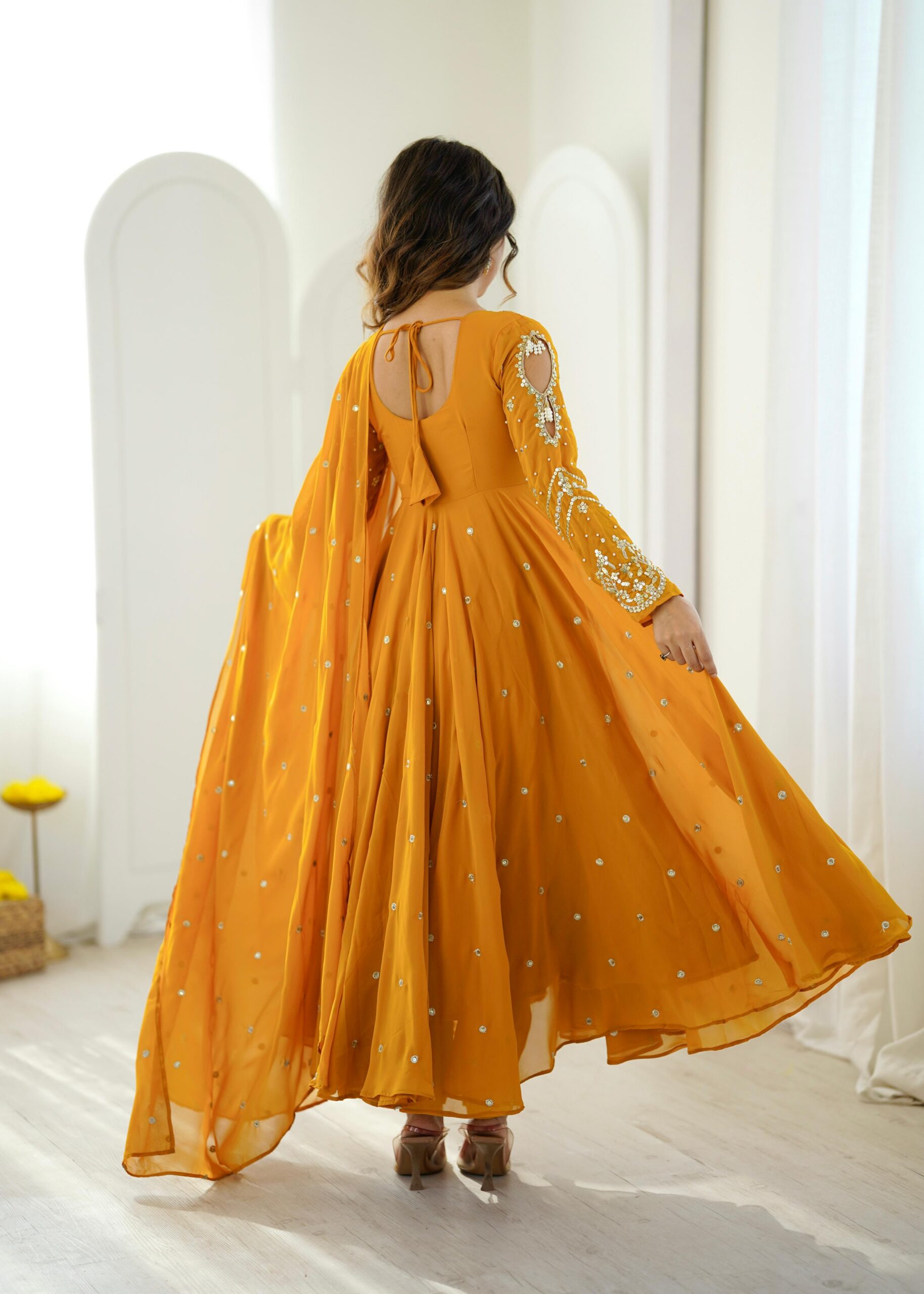 JF 056 Yellow Faux Georgette Salwar Suit with Mirror Work & Embroidery Work. Get it for ₹2349. Delivery 4-6 Working Days. Shop now. | Casual Suits, Jump Suits, Creative suits, Designer Suits, Palazzo Suits, Party Wear Suits, Patiala Suits, Salwar suit, Straight Suits