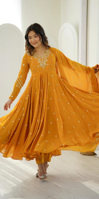JF 056 Yellow Faux Georgette Salwar Suit with Mirror Work & Embroidery Work. Get it for ₹2349. Delivery 4-6 Working Days. Shop now. | Casual Suits, Jump Suits, Creative suits, Designer Suits, Palazzo Suits, Party Wear Suits, Patiala Suits, Salwar suit, Straight Suits