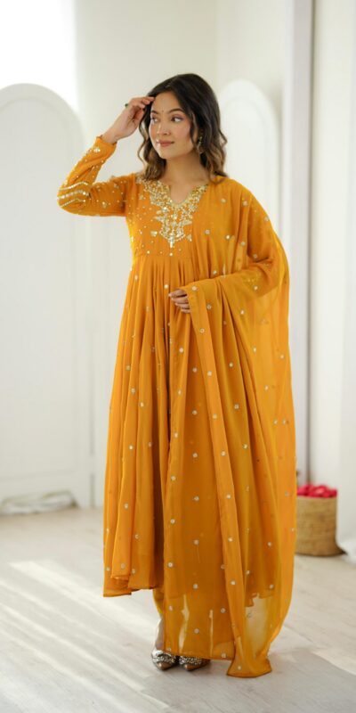 JF 056 Yellow Faux Georgette Salwar Suit with Mirror Work & Embroidery Work. Get it for ₹2349. Delivery 4-6 Working Days. Shop now. | Casual Suits, Jump Suits, Creative suits, Designer Suits, Palazzo Suits, Party Wear Suits, Patiala Suits, Salwar suit, Straight Suits
