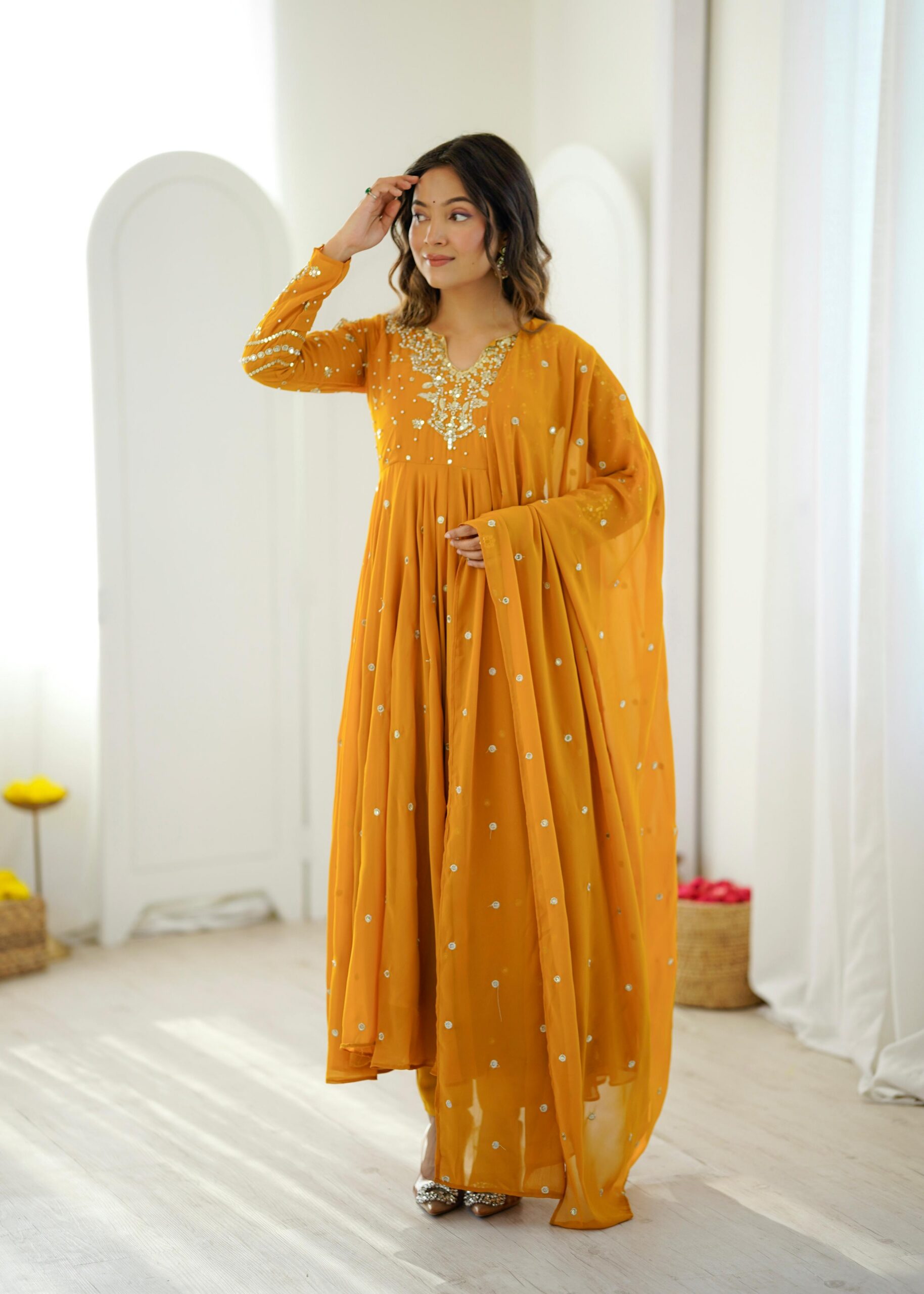 JF 056 Yellow Faux Georgette Salwar Suit with Mirror Work & Embroidery Work. Get it for ₹2349. Delivery 4-6 Working Days. Shop now. | Casual Suits, Jump Suits, Creative suits, Designer Suits, Palazzo Suits, Party Wear Suits, Patiala Suits, Salwar suit, Straight Suits