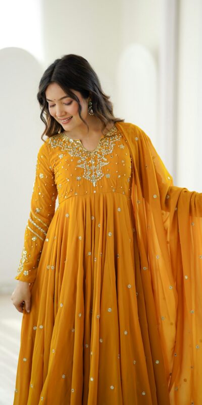 JF 056 Yellow Faux Georgette Salwar Suit with Mirror Work & Embroidery Work. Get it for ₹2349. Delivery 4-6 Working Days. Shop now. | Casual Suits, Jump Suits, Creative suits, Designer Suits, Palazzo Suits, Party Wear Suits, Patiala Suits, Salwar suit, Straight Suits