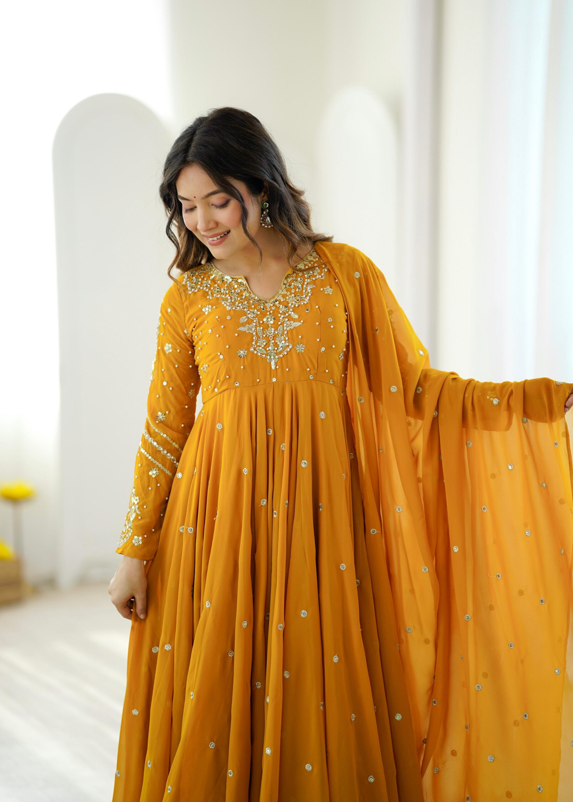 JF 056 Yellow Faux Georgette Salwar Suit with Mirror Work & Embroidery Work. Get it for ₹2349. Delivery 4-6 Working Days. Shop now. | Casual Suits, Jump Suits, Creative suits, Designer Suits, Palazzo Suits, Party Wear Suits, Patiala Suits, Salwar suit, Straight Suits