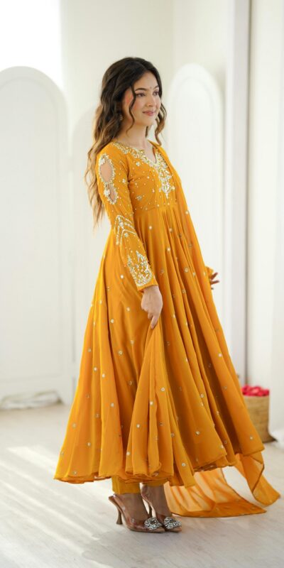 JF 056 Yellow Faux Georgette Salwar Suit with Mirror Work & Embroidery Work. Get it for ₹2349. Delivery 4-6 Working Days. Shop now. | Casual Suits, Jump Suits, Creative suits, Designer Suits, Palazzo Suits, Party Wear Suits, Patiala Suits, Salwar suit, Straight Suits