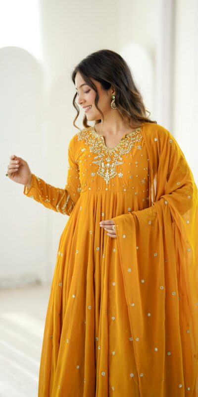 JF 056 Yellow Faux Georgette Salwar Suit with Mirror Work & Embroidery Work. Get it for ₹2349. Delivery 4-6 Working Days. Shop now. | Casual Suits, Jump Suits, Creative suits, Designer Suits, Palazzo Suits, Party Wear Suits, Patiala Suits, Salwar suit, Straight Suits