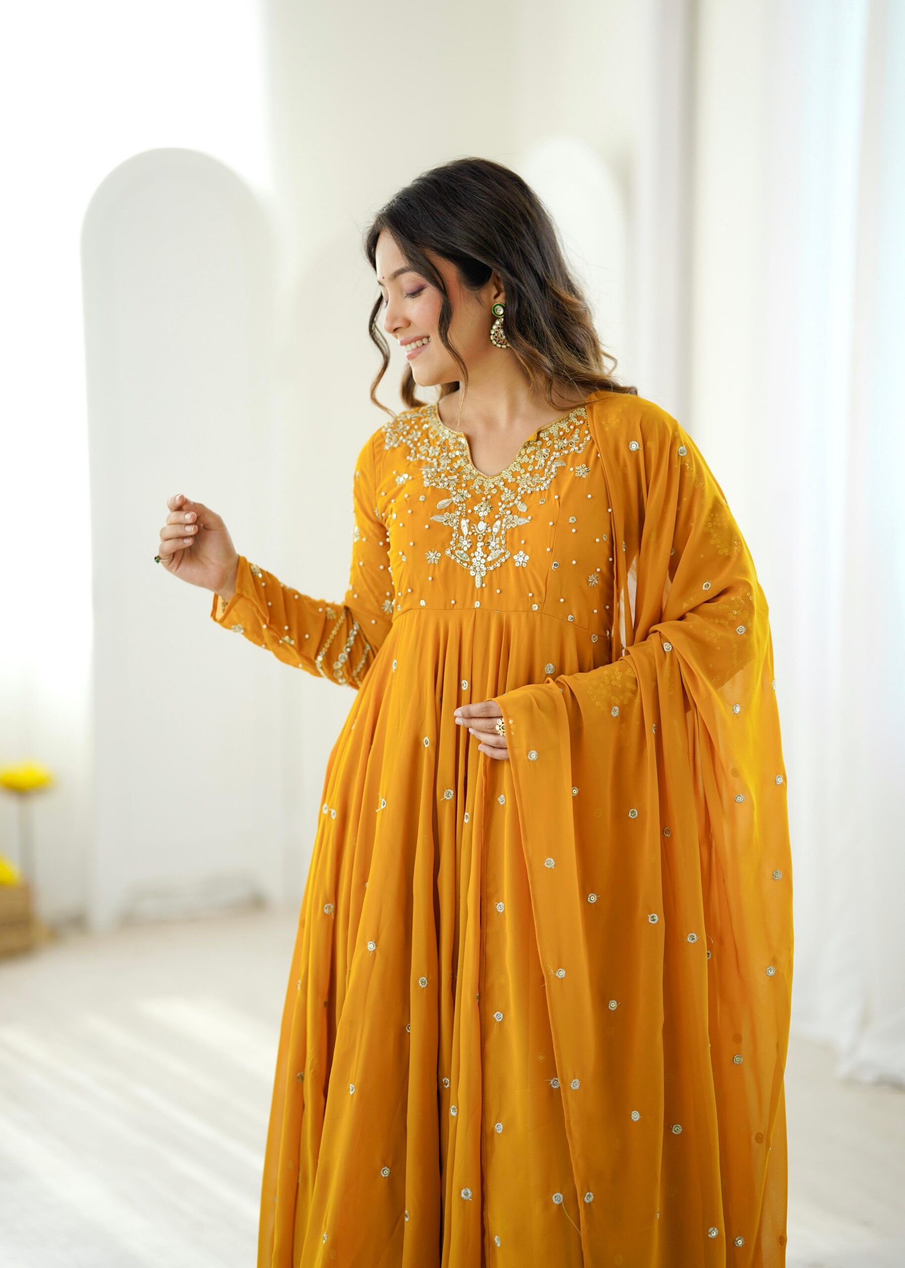 JF 056 Yellow Faux Georgette Salwar Suit with Mirror Work & Embroidery Work. Get it for ₹2349. Delivery 4-6 Working Days. Shop now. | Casual Suits, Jump Suits, Creative suits, Designer Suits, Palazzo Suits, Party Wear Suits, Patiala Suits, Salwar suit, Straight Suits