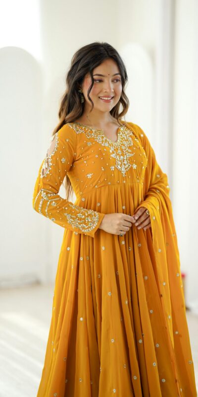 JF 056 Yellow Faux Georgette Salwar Suit with Mirror Work & Embroidery Work. Get it for ₹2349. Delivery 4-6 Working Days. Shop now. | Casual Suits, Jump Suits, Creative suits, Designer Suits, Palazzo Suits, Party Wear Suits, Patiala Suits, Salwar suit, Straight Suits