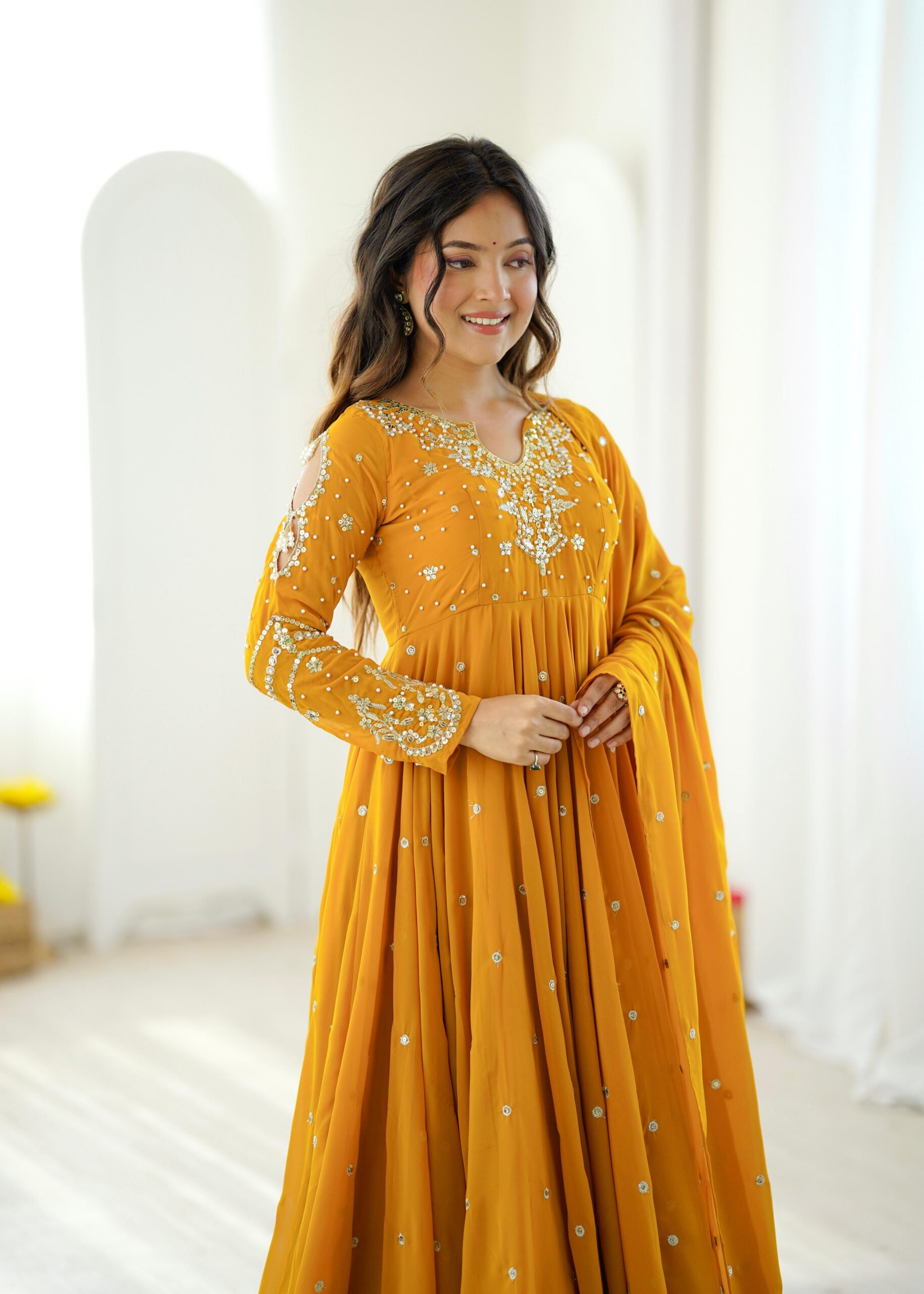 JF 056 Yellow Faux Georgette Salwar Suit with Mirror Work & Embroidery Work. Get it for ₹2349. Delivery 4-6 Working Days. Shop now. | Casual Suits, Jump Suits, Creative suits, Designer Suits, Palazzo Suits, Party Wear Suits, Patiala Suits, Salwar suit, Straight Suits