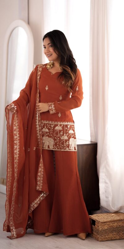 KB 311 Rust Crunchy Silk Salwar Suit with Embroidery Work & Sequins Work. Exclusive Offer ₹2049. Delivery 4-6 Working Days. Shop now. | Casual Suits, Jump Suits, Creative suits, Designer Suits, Palazzo Suits, Party Wear Suits, Patiala Suits, Salwar suit, Straight Suits
