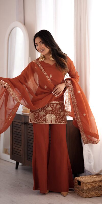KB 311 Rust Crunchy Silk Salwar Suit with Embroidery Work & Sequins Work. Exclusive Offer ₹2049. Delivery 4-6 Working Days. Shop now. | Casual Suits, Jump Suits, Creative suits, Designer Suits, Palazzo Suits, Party Wear Suits, Patiala Suits, Salwar suit, Straight Suits