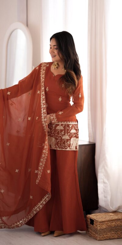 KB 311 Rust Crunchy Silk Salwar Suit with Embroidery Work & Sequins Work. Exclusive Offer ₹2049. Delivery 4-6 Working Days. Shop now. | Casual Suits, Jump Suits, Creative suits, Designer Suits, Palazzo Suits, Party Wear Suits, Patiala Suits, Salwar suit, Straight Suits