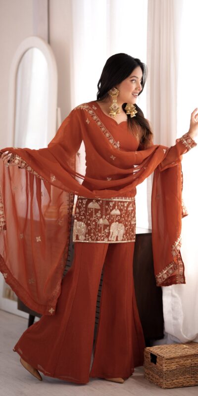 KB 311 Rust Crunchy Silk Salwar Suit with Embroidery Work & Sequins Work. Exclusive Offer ₹2049. Delivery 4-6 Working Days. Shop now. | Casual Suits, Jump Suits, Creative suits, Designer Suits, Palazzo Suits, Party Wear Suits, Patiala Suits, Salwar suit, Straight Suits
