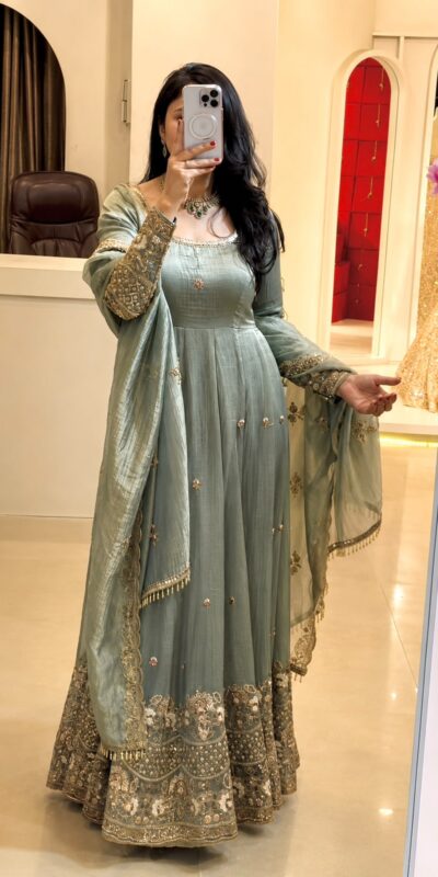 SSR 550 Grey in Crunchy Silk Embroidery Work & Lace Work Gown . Special Price ₹2799. Delivery 4-6 Working Days. Shop now. | Bollywood Gowns, Creative Gowns, Designer Gowns, Embroidered Gowns, Gowns, Party Wear Gowns