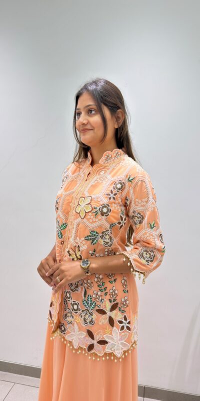 BE 492 Peach in Fox Georgette. Sequins Work & Embroidery Work Salwar Suit Special Price ₹2299. Delivery 4-6 Working Days. Shop now. | Casual Suits, Jump Suits, Creative suits, Designer Suits, Palazzo Suits, Party Wear Suits, Patiala Suits, Salwar suit, Straight Suits