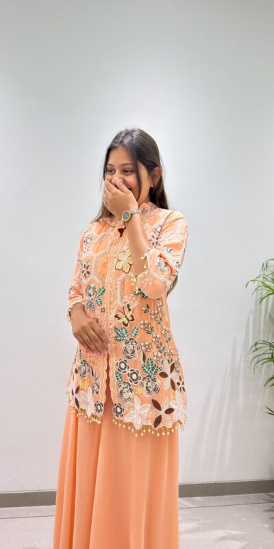 BE 492 Peach in Fox Georgette. Sequins Work & Embroidery Work Salwar Suit Special Price ₹2299. Delivery 4-6 Working Days. Shop now. | Casual Suits, Jump Suits, Creative suits, Designer Suits, Palazzo Suits, Party Wear Suits, Patiala Suits, Salwar suit, Straight Suits