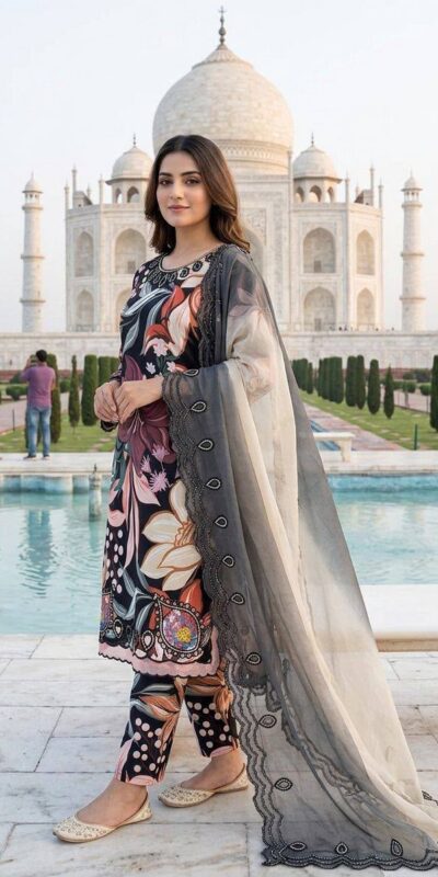LG 2094 Black Perfect for Wedding, Party, Ganesh Chaturthi, Cultural Events, Durga Puja – Printed Muslin Salwar Suit. Now at just ₹2299. Delivery 4-6 Worki | Casual Suits, Jump Suits, Creative suits, Designer Suits, Palazzo Suits, Party Wear Suits, Patiala Suits, Salwar suit, Straight Suits