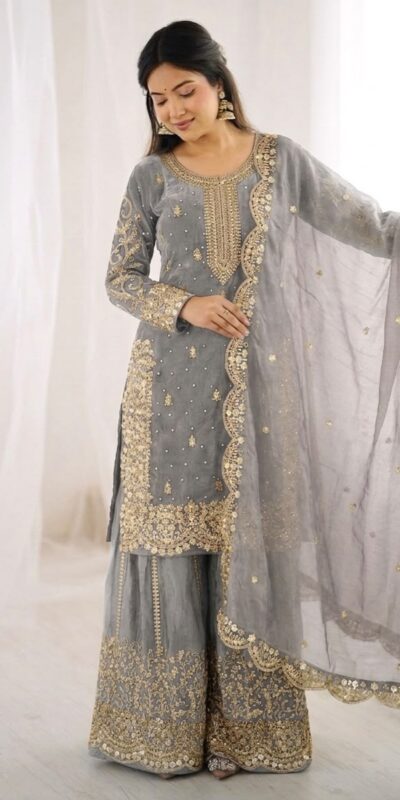 ZSR 3167 Grey Fendy Silk Salwar Suitwith Embroidery Work & Lace Work. Now at just ₹2149. Delivery 4-6 Working Days. Shop now. | Casual Suits, Jump Suits, Creative suits, Designer Suits, Palazzo Suits, Party Wear Suits, Patiala Suits, Salwar suit, Straight Suits