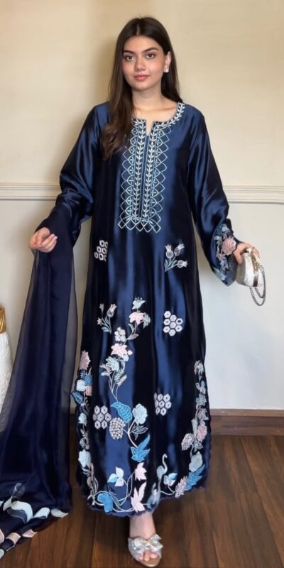 RTC 6053 Navy Blue Jura Silk Salwar Suit with Embroidery Work & Thread Embroidery. Grab it for ₹2399. Delivery 4-6 Working Days. Shop now. | Casual Suits, Jump Suits, Creative suits, Designer Suits, Palazzo Suits, Party Wear Suits, Patiala Suits, Salwar suit, Straight Suits