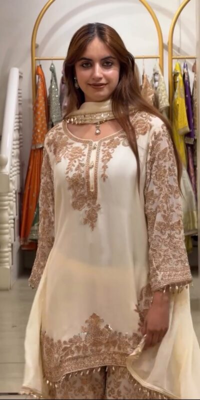 SR 1720 Off White Faux Georgette Salwar Suit with Mirror Work & Embroidery Work. Get it for ₹2549. Delivery 4-6 Working Days. Shop now. | Casual Suits, Jump Suits, Creative suits, Designer Suits, Palazzo Suits, Party Wear Suits, Patiala Suits, Salwar suit, Straight Suits
