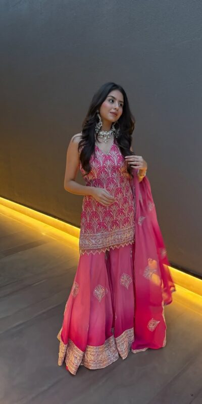 ST 1190 Pink Printed Faux Georgette Salwar Suit with Embroidery Work & Lace Work. Affordable Price ₹2349. Delivery 4-6 Working Days. Shop now. | Casual Suits, Jump Suits, Creative suits, Designer Suits, Palazzo Suits, Party Wear Suits, Patiala Suits, Salwar suit, Straight Suits