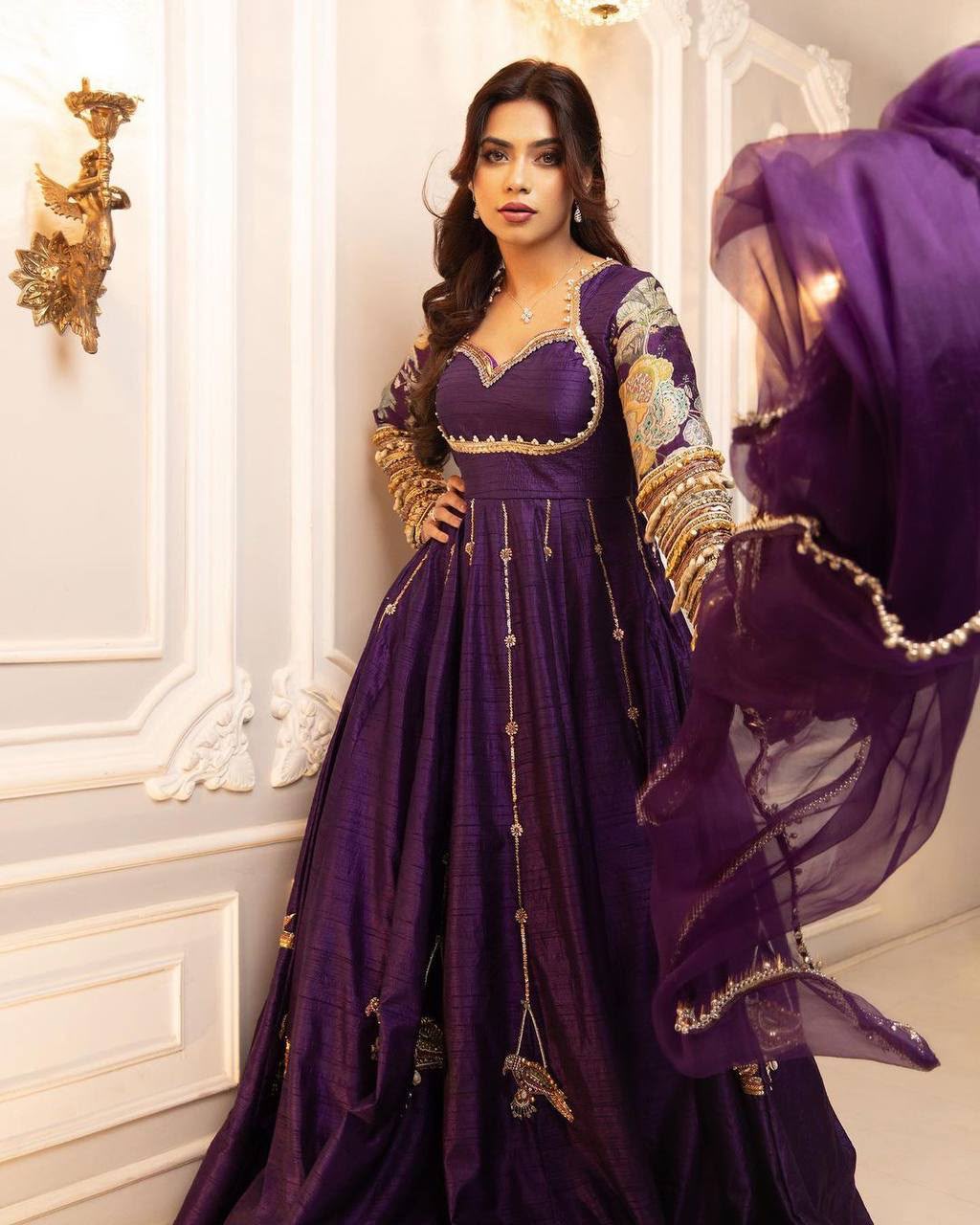 ST 1039 in Purple Blooming Vichitra Zari Work & Embroidery Work Gown . Festive Deal ₹2399. Delivery 4-6 Working Days. Shop now. | Bollywood Gowns, Creative Gowns, Designer Gowns, Embroidered Gowns, Gowns, Party Wear Gowns