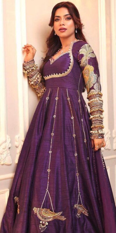 ST 1039 in Purple Blooming Vichitra Zari Work & Embroidery Work Gown . Festive Deal ₹2399. Delivery 4-6 Working Days. Shop now. | Bollywood Gowns, Creative Gowns, Designer Gowns, Embroidered Gowns, Gowns, Party Wear Gowns