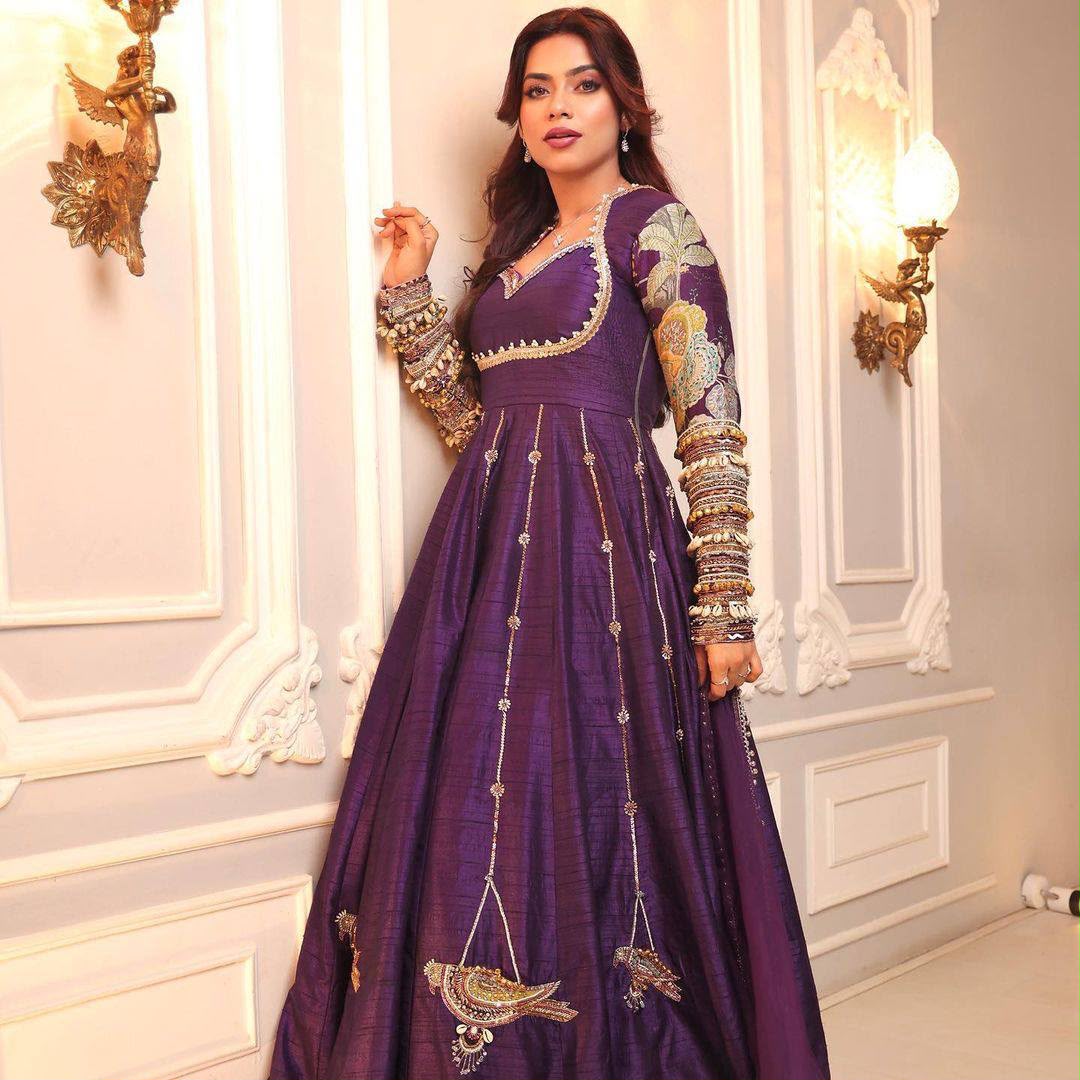 ST 1039 in Purple Blooming Vichitra Zari Work & Embroidery Work Gown . Festive Deal ₹2399. Delivery 4-6 Working Days. Shop now. | Bollywood Gowns, Creative Gowns, Designer Gowns, Embroidered Gowns, Gowns, Party Wear Gowns