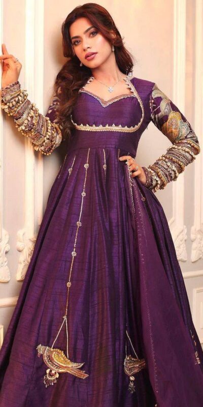 ST 1039 in Purple Blooming Vichitra Zari Work & Embroidery Work Gown . Festive Deal ₹2399. Delivery 4-6 Working Days. Shop now. | Bollywood Gowns, Creative Gowns, Designer Gowns, Embroidered Gowns, Gowns, Party Wear Gowns
