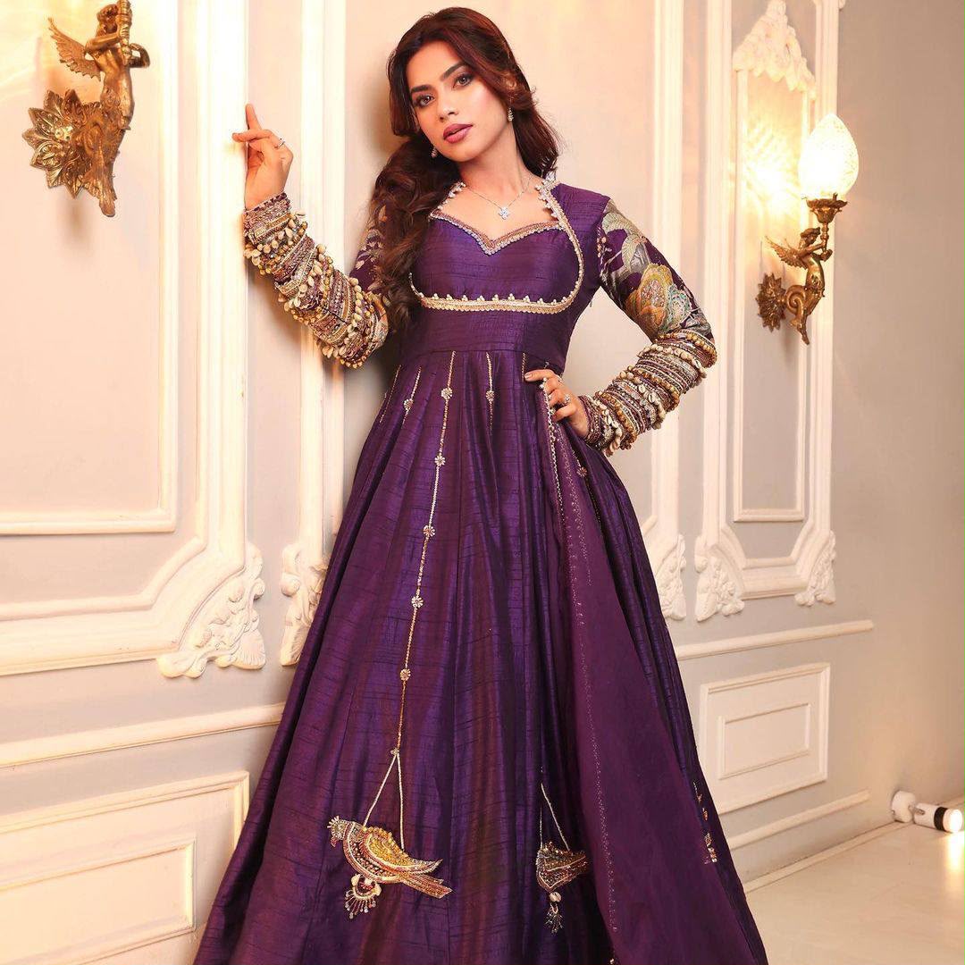 ST 1039 in Purple Blooming Vichitra Zari Work & Embroidery Work Gown . Festive Deal ₹2399. Delivery 4-6 Working Days. Shop now. | Bollywood Gowns, Creative Gowns, Designer Gowns, Embroidered Gowns, Gowns, Party Wear Gowns