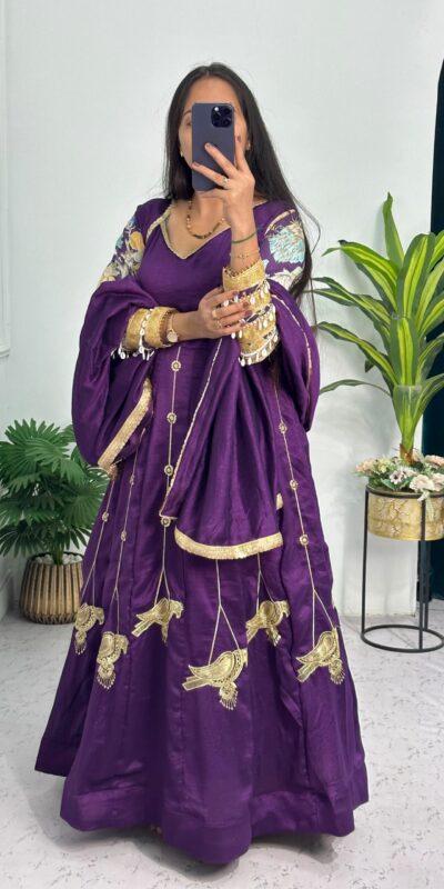 ST 1039 in Purple Blooming Vichitra Zari Work & Embroidery Work Gown . Festive Deal ₹2399. Delivery 4-6 Working Days. Shop now. | Bollywood Gowns, Creative Gowns, Designer Gowns, Embroidered Gowns, Gowns, Party Wear Gowns