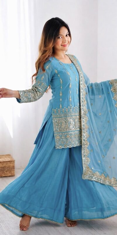 ZF 430 Sky Blue Vichitra Silk Salwar Suit with Embroidery Work. Wedding, Party, Festive, Events, Grab it for ₹2399. Delivery 4-6 Working Days. Shop now. | Casual Suits, Jump Suits, Creative suits, Designer Suits, Palazzo Suits, Party Wear Suits, Patiala Suits, Salwar suit, Straight Suits