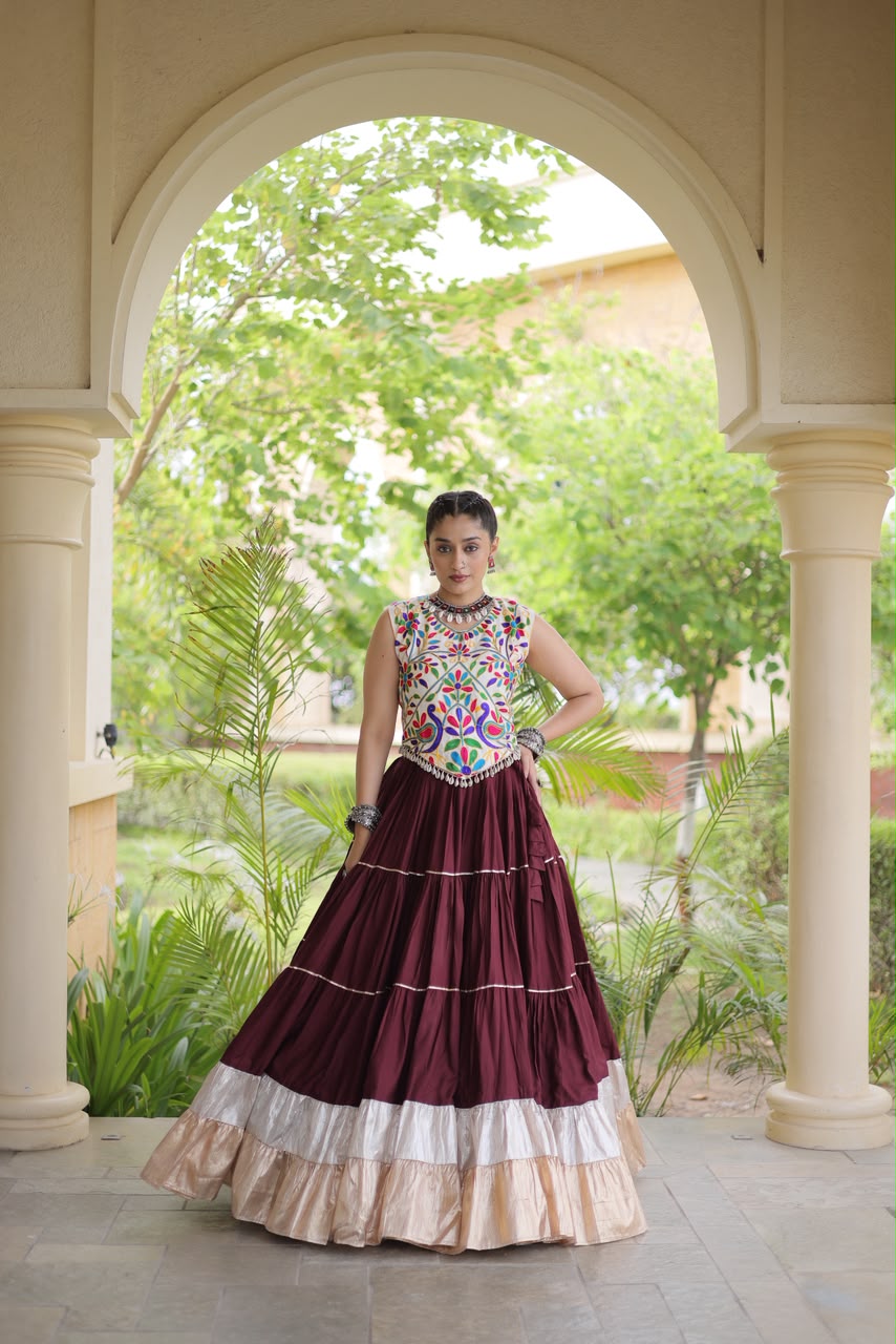 KA 5071 Maroon Rayon Embroidery Work & Cowrie Work Lehenga Choli . Grab it for ₹2849. Delivery 4-6 Working Days. Shop now. | Bollywood Lehenga, Creative Lehenga, Designer Lehenga, Embroidered Lehenga, Lehenga, Party Wear Lehenga