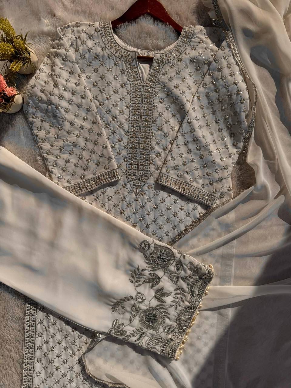 Magical Cream Faux Georgette Hand Work Salwar Suit - Image 5