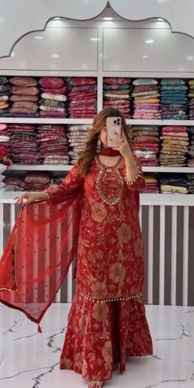 ST 1207 Red Faux Georgette Salwar Suit with Embroidery Work. Available at ₹2949 only. Delivery 4-6 Working Days. Shop now. | Casual Suits, Jump Suits, Tops & Bottoms, Track Suits, Trendy Wear, Creative suits, Designer Suits, Palazzo Suits, Party Wear Suits, Patiala Suits, Salwar suit, Straight Suits