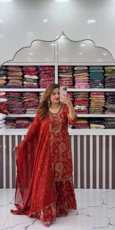 ST 1207 Red Faux Georgette Salwar Suit with Embroidery Work. Available at ₹2949 only. Delivery 4-6 Working Days. Shop now. | Casual Suits, Jump Suits, Tops & Bottoms, Track Suits, Trendy Wear, Creative suits, Designer Suits, Palazzo Suits, Party Wear Suits, Patiala Suits, Salwar suit, Straight Suits