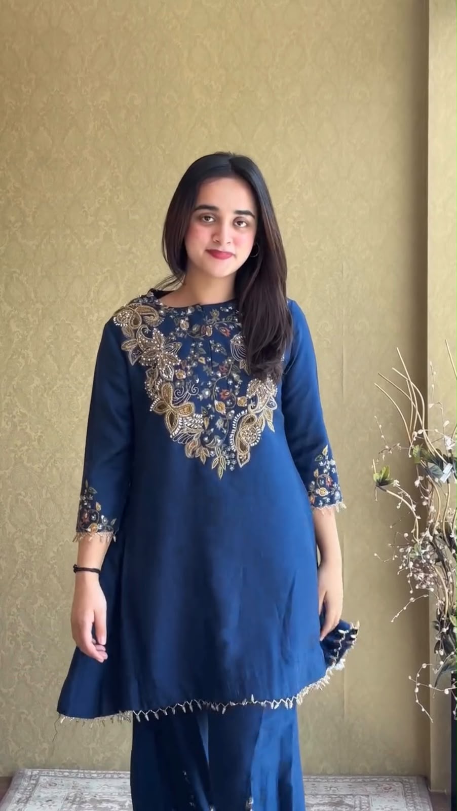 ST 1206 Navy Blue Malay Crepe Kurti with Embroidery Work & Bead Work. Available at ₹2199 only. Delivery 4-6 Working Days. Shop now. | Bollywood Kurti, Creative Kurtis, Designer Kurti, Kurti, Party Wear Kurti, Selfie Kurti