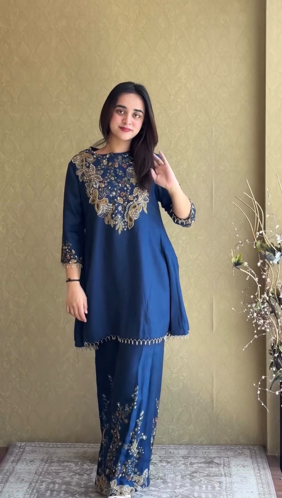 ST 1206 Navy Blue Malay Crepe Kurti with Embroidery Work & Bead Work. Available at ₹2199 only. Delivery 4-6 Working Days. Shop now. | Bollywood Kurti, Creative Kurtis, Designer Kurti, Kurti, Party Wear Kurti, Selfie Kurti