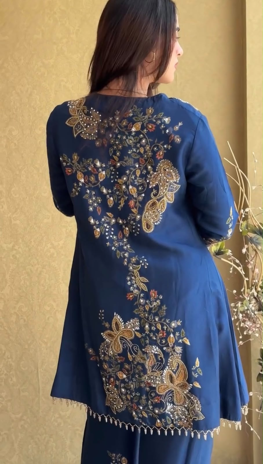 ST 1206 Navy Blue Malay Crepe Kurti with Embroidery Work & Bead Work. Available at ₹2199 only. Delivery 4-6 Working Days. Shop now. | Bollywood Kurti, Creative Kurtis, Designer Kurti, Kurti, Party Wear Kurti, Selfie Kurti