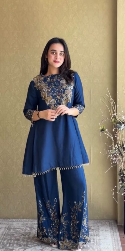 ST 1206 Navy Blue Malay Crepe Kurti with Embroidery Work & Bead Work. Available at ₹2199 only. Delivery 4-6 Working Days. Shop now. | Bollywood Kurti, Creative Kurtis, Designer Kurti, Kurti, Party Wear Kurti, Selfie Kurti