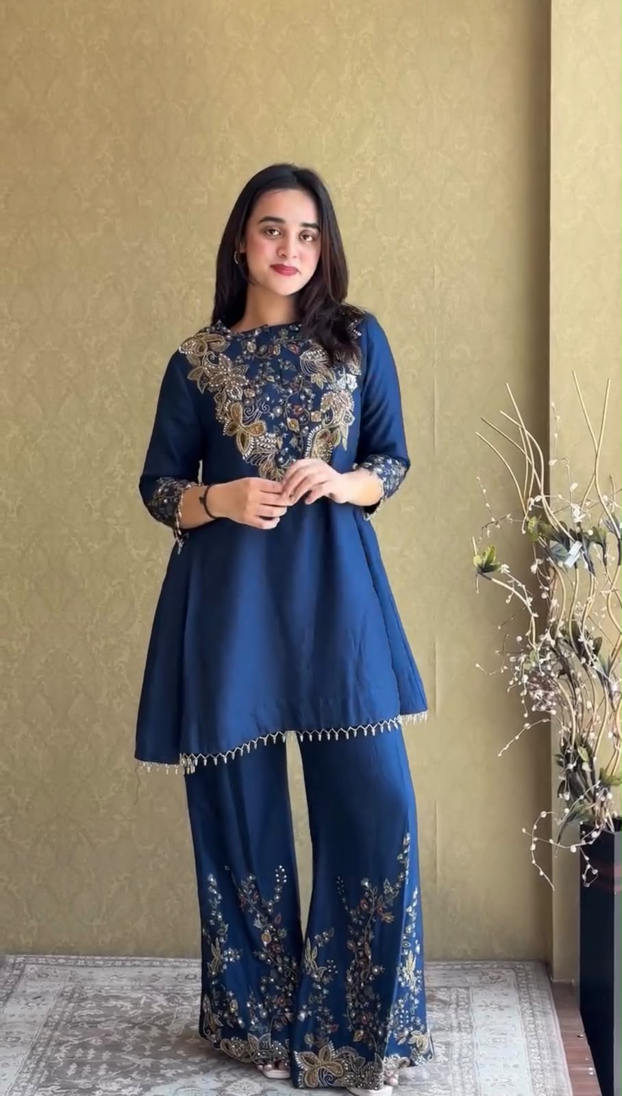 ST 1206 Navy Blue Malay Crepe Kurti with Embroidery Work & Bead Work. Available at ₹2199 only. Delivery 4-6 Working Days. Shop now. | Bollywood Kurti, Creative Kurtis, Designer Kurti, Kurti, Party Wear Kurti, Selfie Kurti
