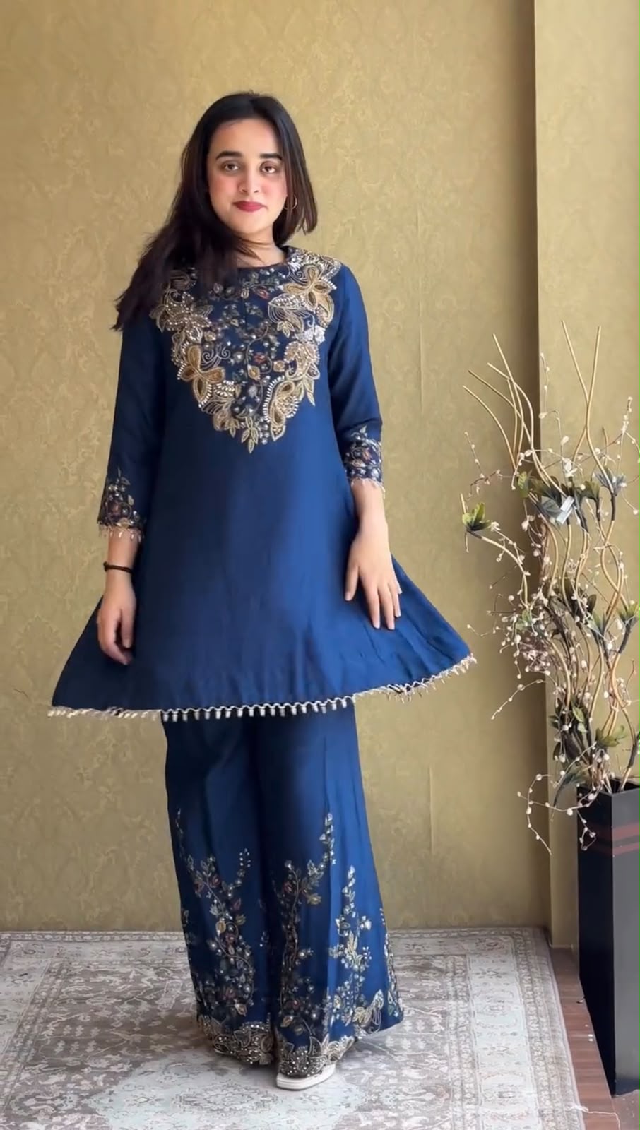 ST 1206 Navy Blue Malay Crepe Kurti with Embroidery Work & Bead Work. Available at ₹2199 only. Delivery 4-6 Working Days. Shop now. | Bollywood Kurti, Creative Kurtis, Designer Kurti, Kurti, Party Wear Kurti, Selfie Kurti