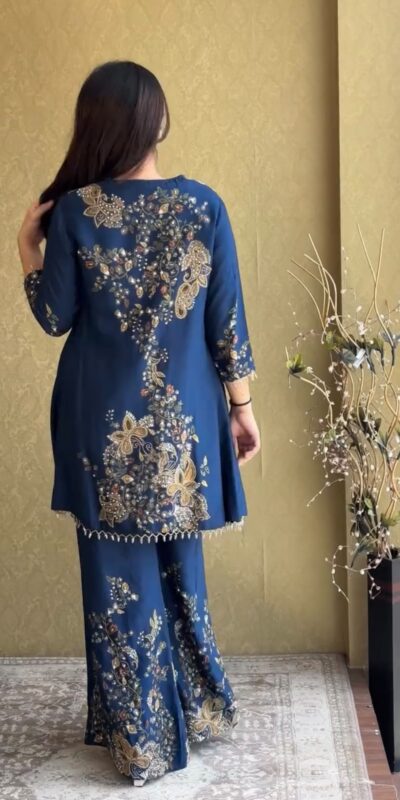 ST 1206 Navy Blue Malay Crepe Kurti with Embroidery Work & Bead Work. Available at ₹2199 only. Delivery 4-6 Working Days. Shop now. | Bollywood Kurti, Creative Kurtis, Designer Kurti, Kurti, Party Wear Kurti, Selfie Kurti
