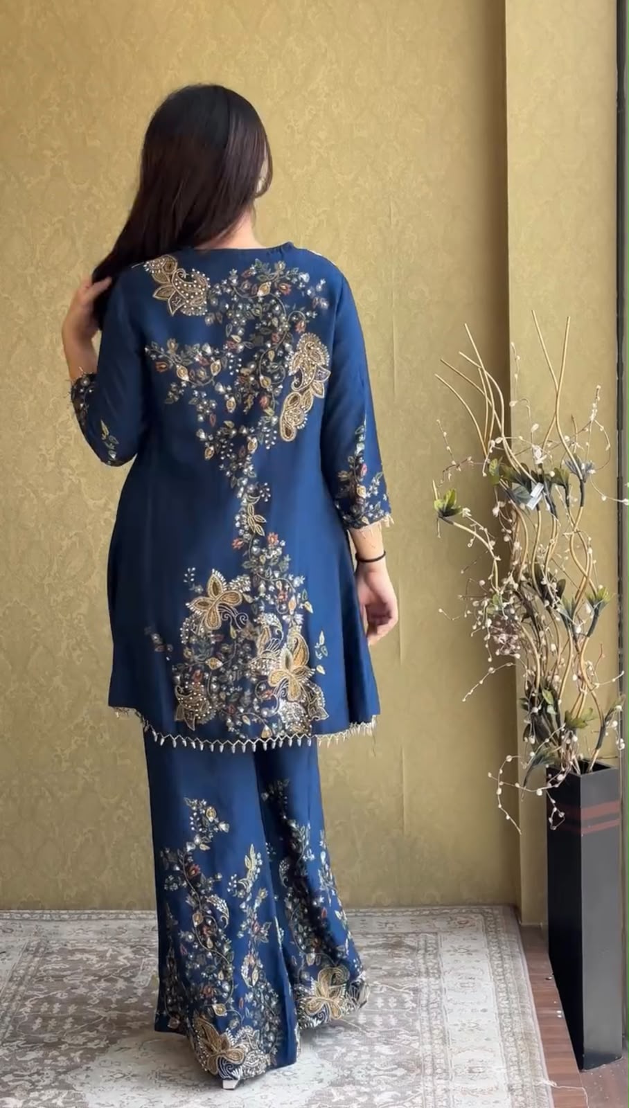 ST 1206 Navy Blue Malay Crepe Kurti with Embroidery Work & Bead Work. Available at ₹2199 only. Delivery 4-6 Working Days. Shop now. | Bollywood Kurti, Creative Kurtis, Designer Kurti, Kurti, Party Wear Kurti, Selfie Kurti