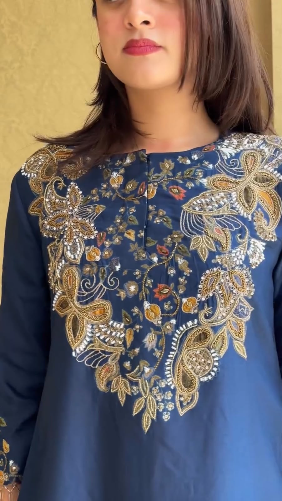 ST 1206 Navy Blue Malay Crepe Kurti with Embroidery Work & Bead Work. Available at ₹2199 only. Delivery 4-6 Working Days. Shop now. | Bollywood Kurti, Creative Kurtis, Designer Kurti, Kurti, Party Wear Kurti, Selfie Kurti