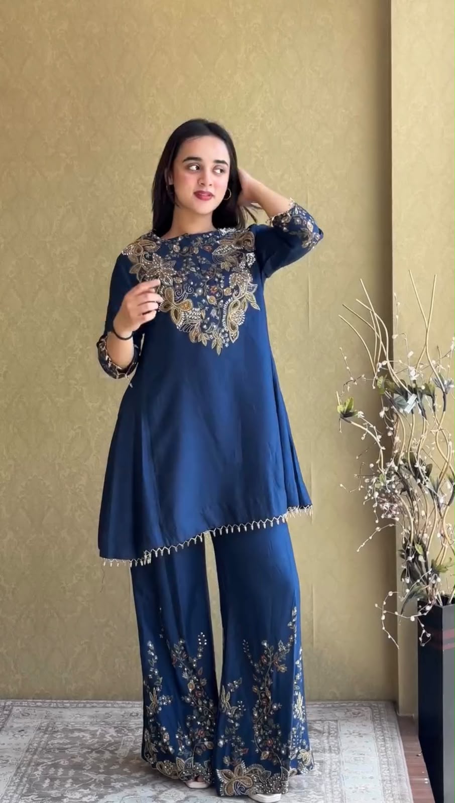 ST 1206 Navy Blue Malay Crepe Kurti with Embroidery Work & Bead Work. Available at ₹2199 only. Delivery 4-6 Working Days. Shop now. | Bollywood Kurti, Creative Kurtis, Designer Kurti, Kurti, Party Wear Kurti, Selfie Kurti
