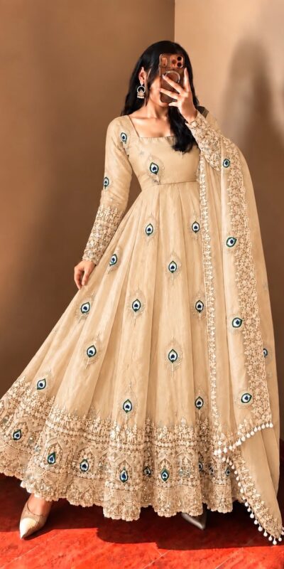 SRK 5372 Off White Fendy Silk Gown with Embroidery Work & Sequins Work. Special Price ₹2799. Delivery 4-6 Working Days. Shop now. | Bollywood Gowns, Creative Gowns, Designer Gowns, Embroidered Gowns, Gowns, Party Wear Gowns