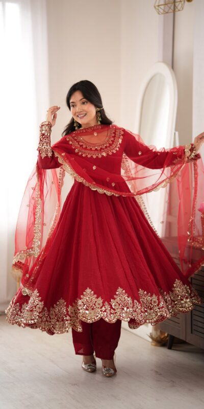 SR 1723 Maroon Doremon Crush Gown with Lace Work & Mirror Work. Exclusive Offer ₹2449. Delivery 4-6 Working Days. Shop now. | Bollywood Gowns, Creative Gowns, Designer Gowns, Embroidered Gowns, Gowns, Party Wear Gowns