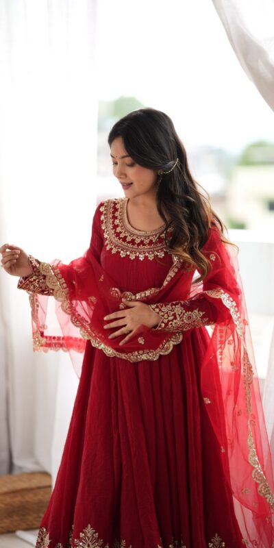 SR 1723 Maroon Doremon Crush Gown with Lace Work & Mirror Work. Exclusive Offer ₹2449. Delivery 4-6 Working Days. Shop now. | Bollywood Gowns, Creative Gowns, Designer Gowns, Embroidered Gowns, Gowns, Party Wear Gowns