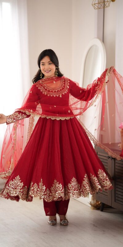 SR 1723 Maroon Doremon Crush Gown with Lace Work & Mirror Work. Exclusive Offer ₹2449. Delivery 4-6 Working Days. Shop now. | Bollywood Gowns, Creative Gowns, Designer Gowns, Embroidered Gowns, Gowns, Party Wear Gowns